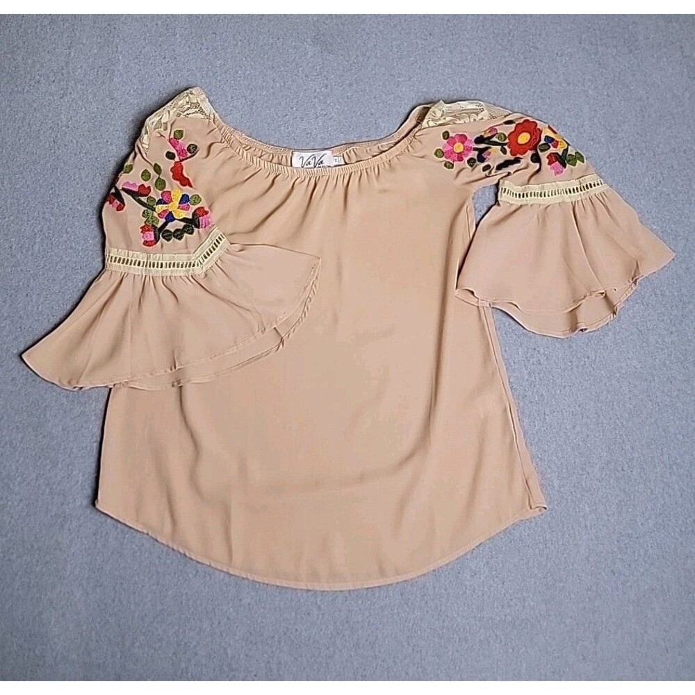 Vava Joy Han Top‎ Womens XS Peach Peasant Embroidered Floral Flutter Lace Boho